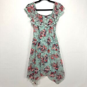 No Boundaries Floral Lace Handkerchief Hem Dress L Mint Green Boho Cottagecore